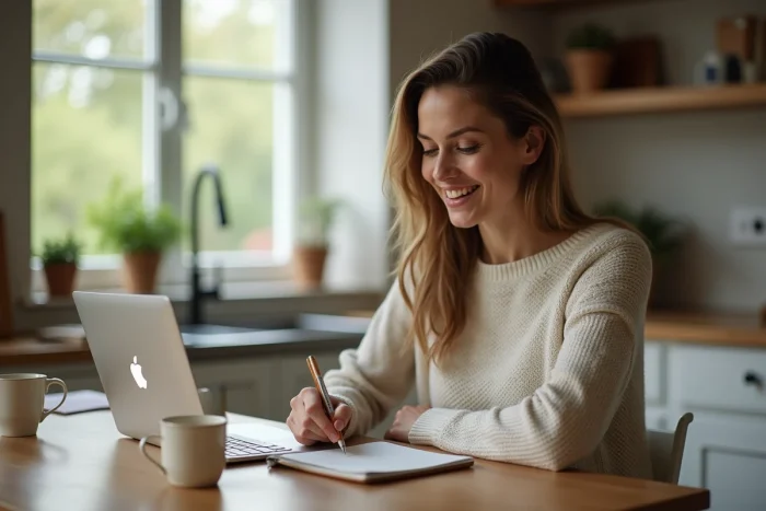 Femme assise à la cuisine avec ordinateur et carnet