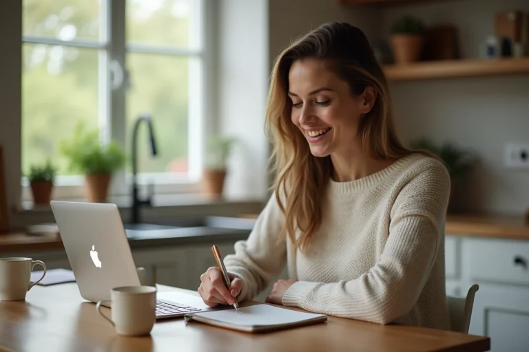 Femme assise à la cuisine avec ordinateur et carnet