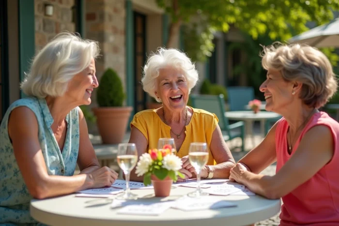 Groupe d'amies autour de 60 ans riant ensemble sur une terrasse ensoleillée avec des cartes d'anniversaire humoristiques