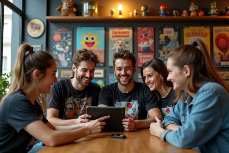 Jeunes adultes discutant autour d'une tablette dans un café parisien