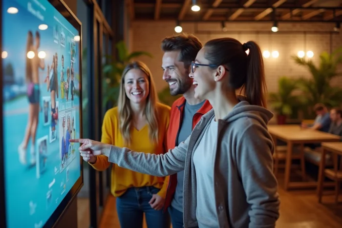 Groupe d'adultes découvrant ensemble les activités de loisirs proposées par The Living Web sur un écran interactif