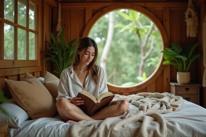 Femme lisant un guide de voyage dans un hébergement insolite perché dans les arbres, atmosphère chaleureuse et naturelle