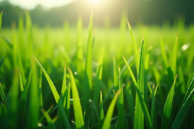 Gros plan de brins d'herbe verte couverts de rosée matinale dans une prairie naturelle