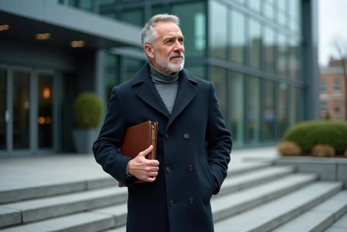 Homme d'affaires prospère devant le siège social d'une entreprise moderne, tenant un portfolio en cuir avec assurance