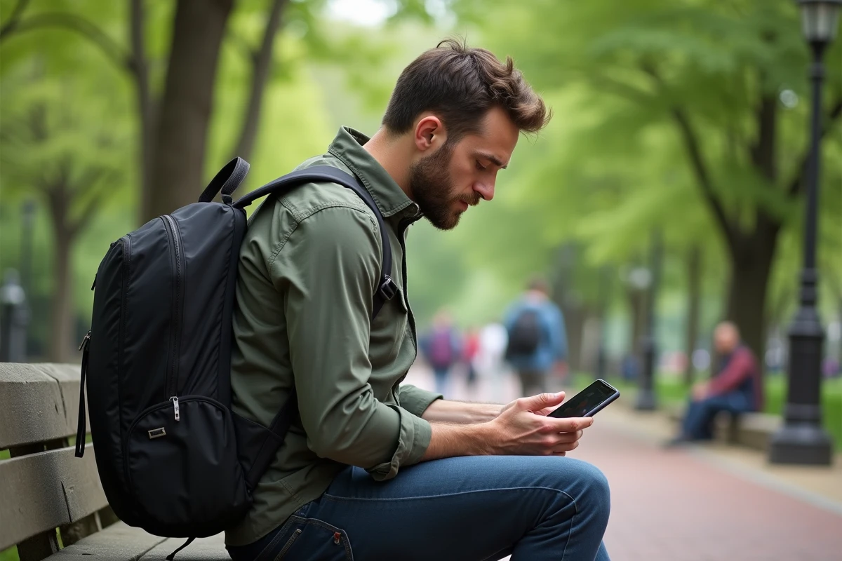 Homme inspecte son sac à dos dans un parc urbain