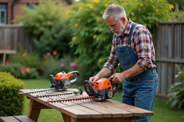 Homme examinant des coupe-haies dans son jardin