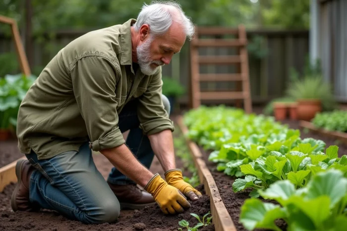 Homme d'âge mûr jardinant dans un potager verdoyant, replantant des semis dans une terre riche lors d'une activité de loisir en plein air