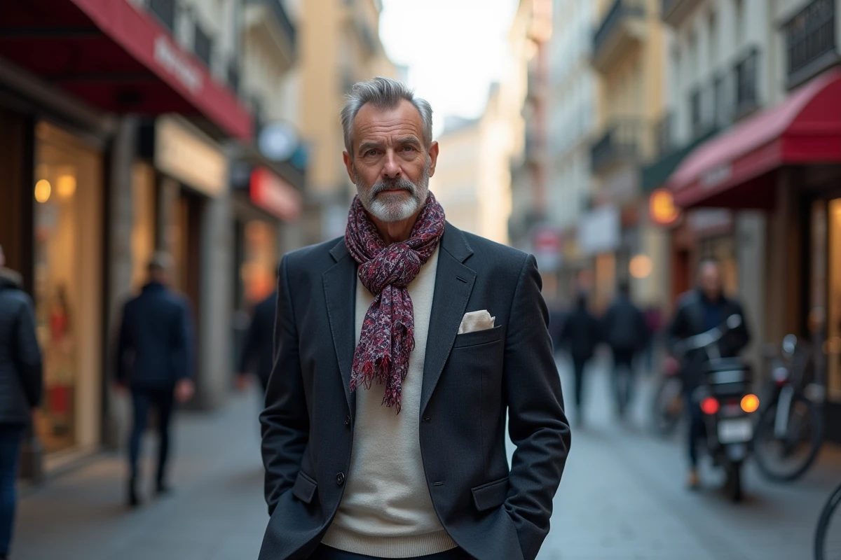 Homme en ville marchant confiant dans un quartier animé