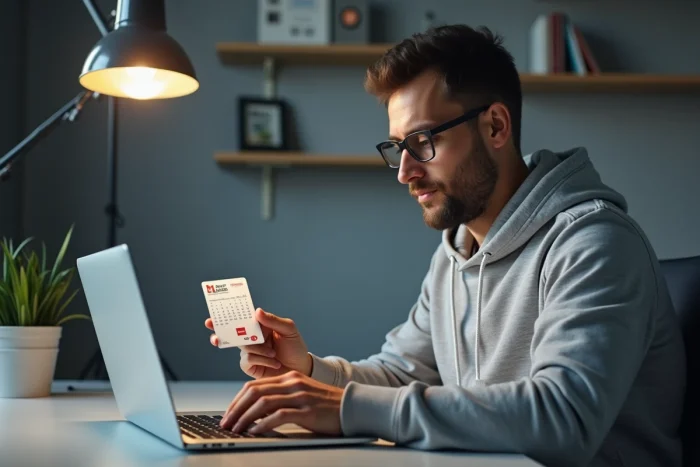 Homme consultant un calendrier numérique et sa carte Leclerc pour planifier ses chèques différés 2026