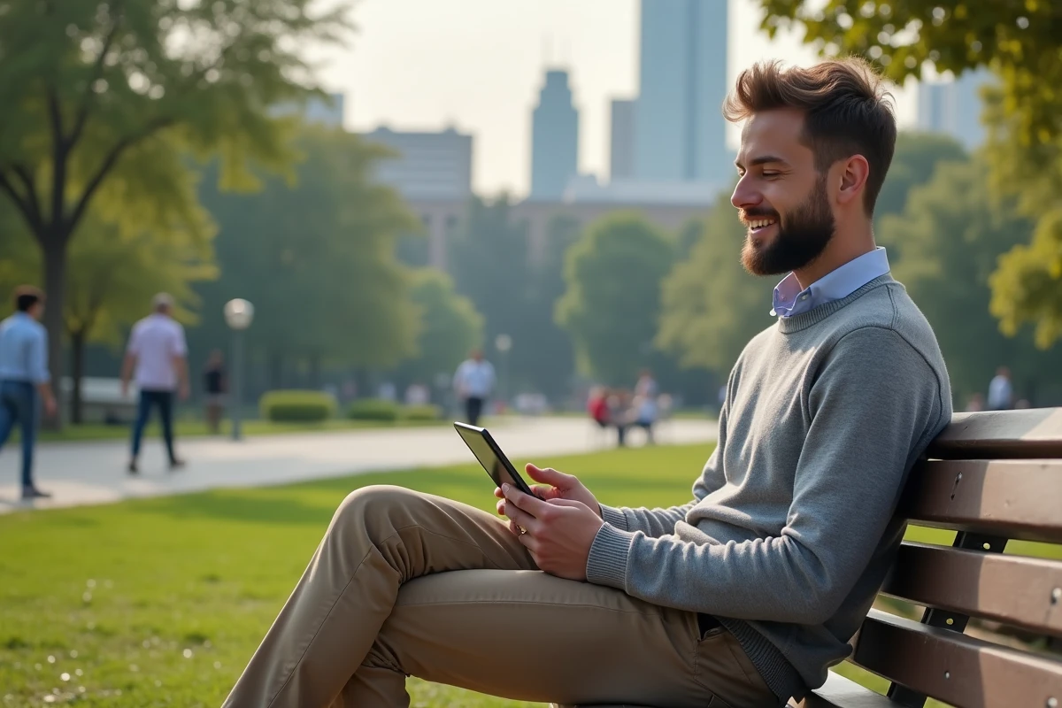 Homme assis dans un parc urbain utilisant une tablette avec un sourire