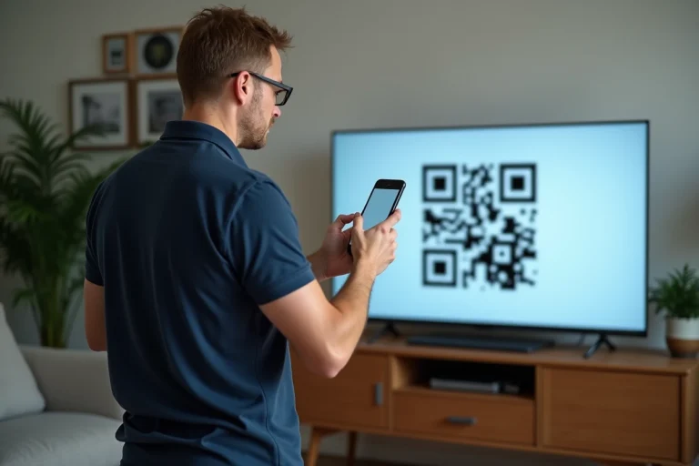 Homme d'âge moyen scannant un QR code sur la TV