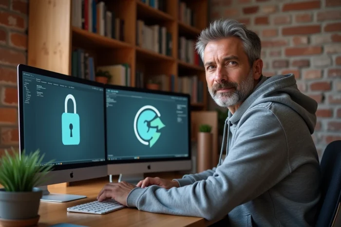 Homme travaillant depuis son bureau à domicile sur la sécurité internet et des maquettes de logo numérique sur deux écrans