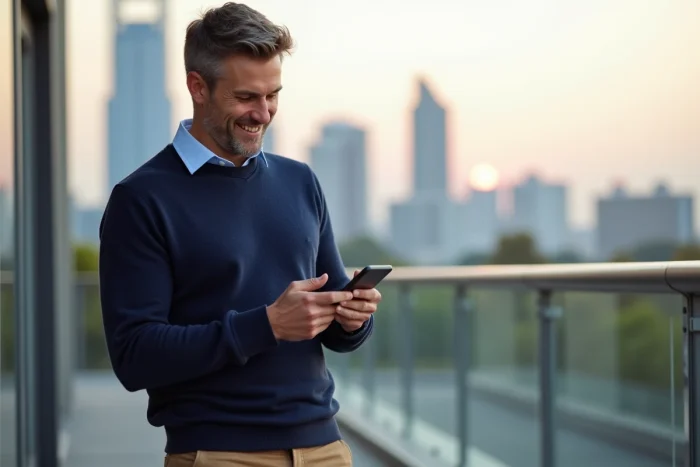 Homme consultant les loisirs de The Living Web sur son smartphone depuis une terrasse urbaine