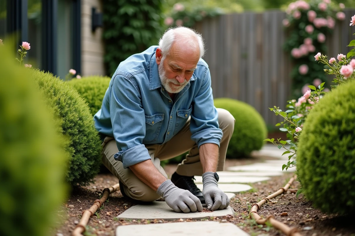 Homme taillant des rosiers dans un jardin fleuri