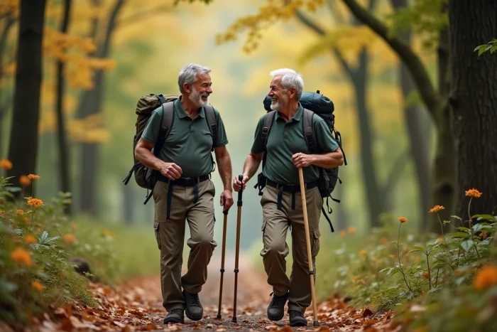 Deux hommes retraités qui randonnent ensemble en forêt, symbolisant une vie sociale active et le bien-être après 60 ans