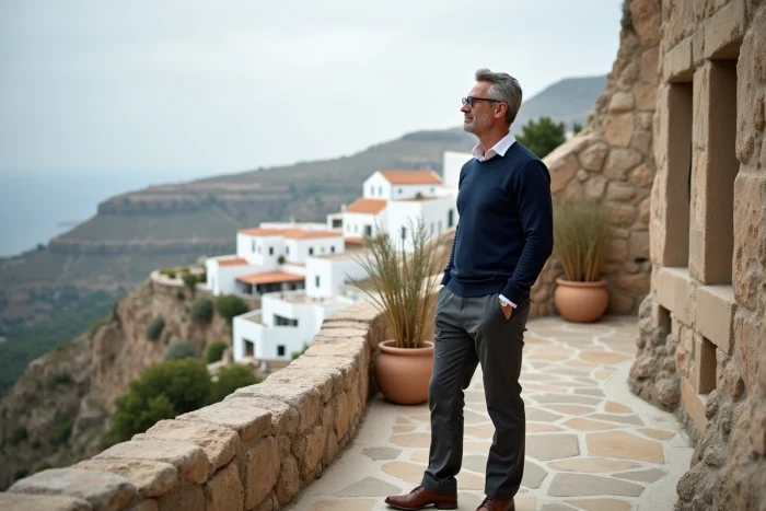 Homme contemplant un paysage méditerranéen depuis la terrasse d'un hôtel troglodyte boutique en pierre