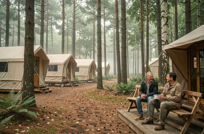 Camping en forêt Huttopia Rillé avec tentes toile et roulottes en bois sous les arbres