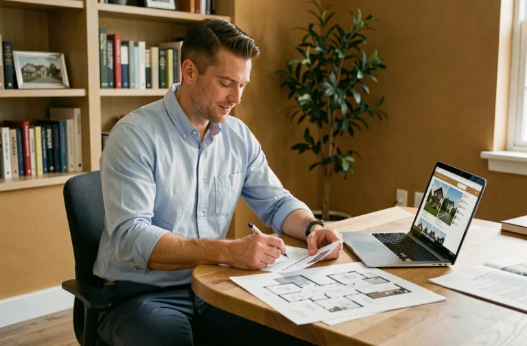 Homme analysant des documents immobiliers sur un bureau en bois pour préparer un investissement locatif