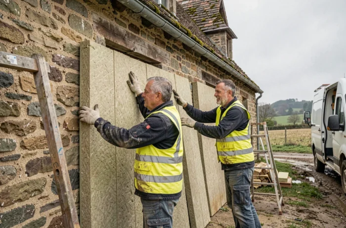 Ouvriers posant des panneaux d'isolation thermique sur la façade en pierre d'une ancienne ferme en rénovation