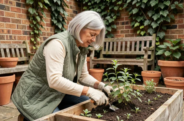 Femme entretenant un jardin potager urbain en bac surélevé, conseils jardinage et aménagement extérieur maison
