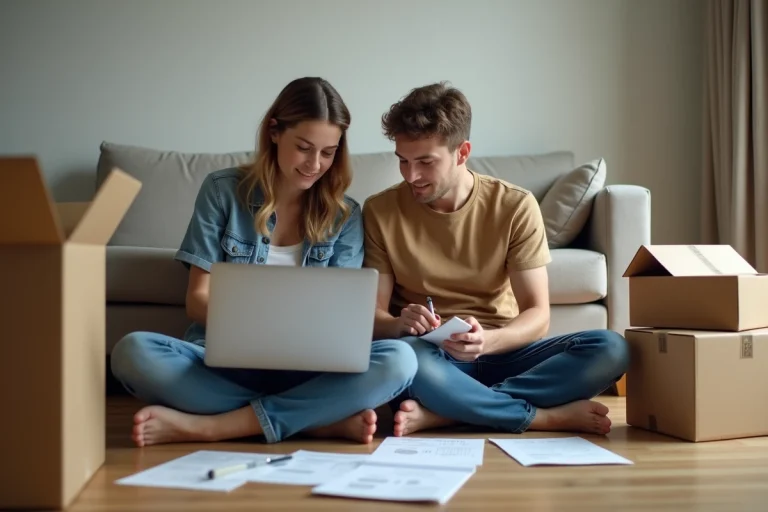 Jeune couple calculant leurs frais de déménagement à la maison