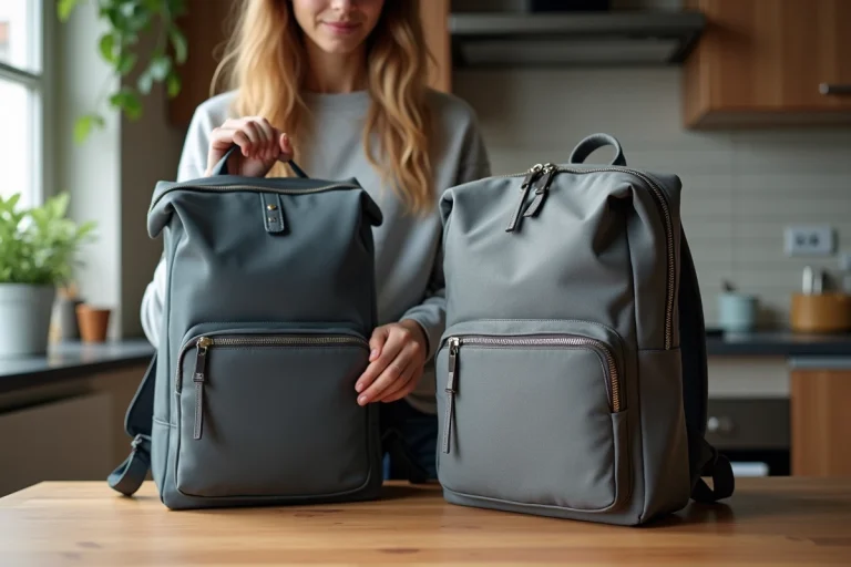 Jeune femme examine deux sacs à dos dans une cuisine moderne