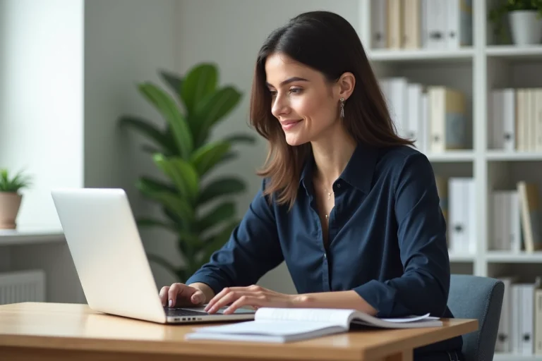 Jeune femme au bureau moderne utilisant un ordinateur portable