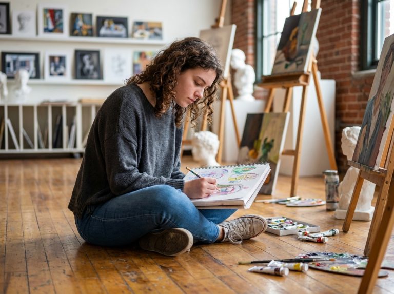 Jeune femme en studio d'art dessinant dans un carnet