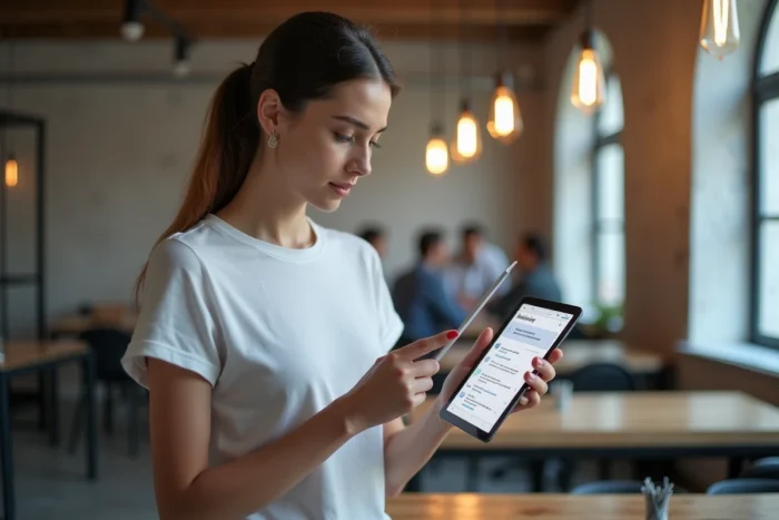 Jeune femme consultant un concept de logo numérique et une liste de sécurité en ligne sur une tablette dans un espace de coworking
