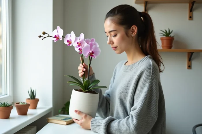 Jeune femme inspectant une orchidée déshydratée près d'une fenêtre dans un appartement minimaliste
