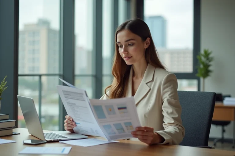 Jeune femme en bureau moderne consulte brochures de postgraduate