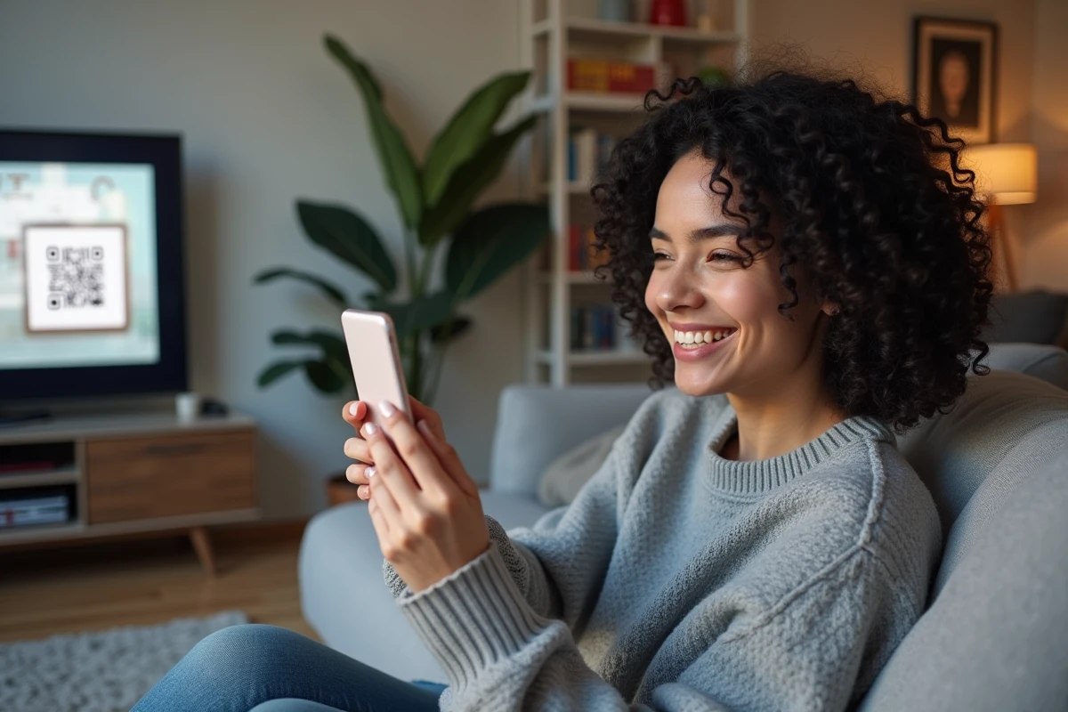 Jeune femme souriante scannant un QR code sur la TV