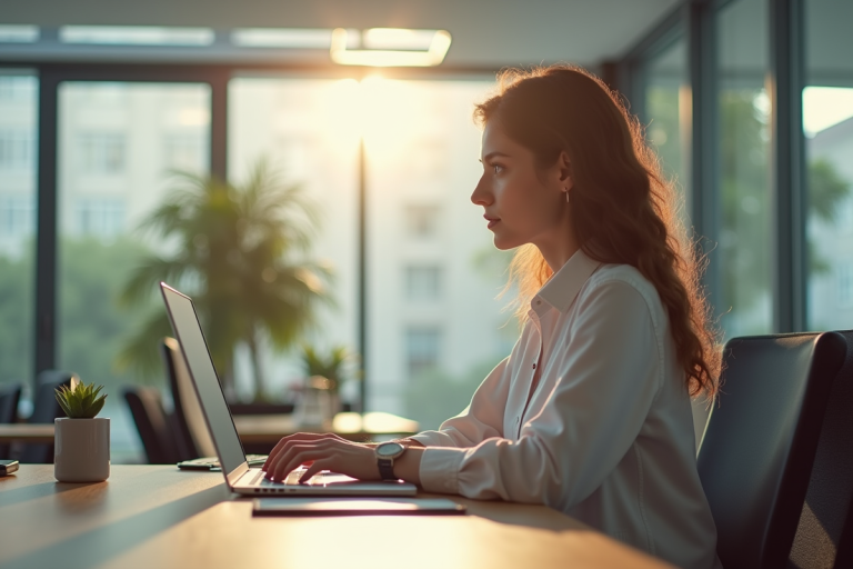 Jeune femme professionnelle travaillant à distance dans un espace lumineux