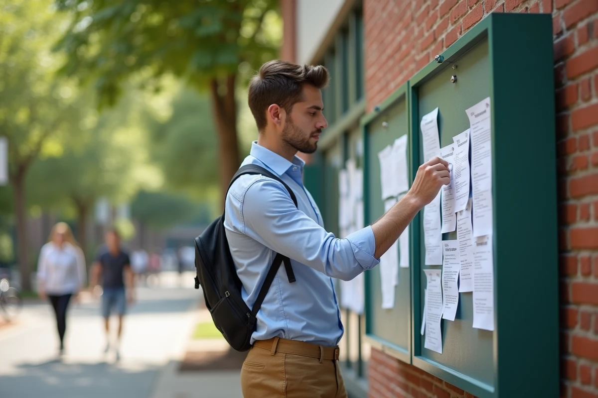 Jeune homme épingle un CV sur tableau d