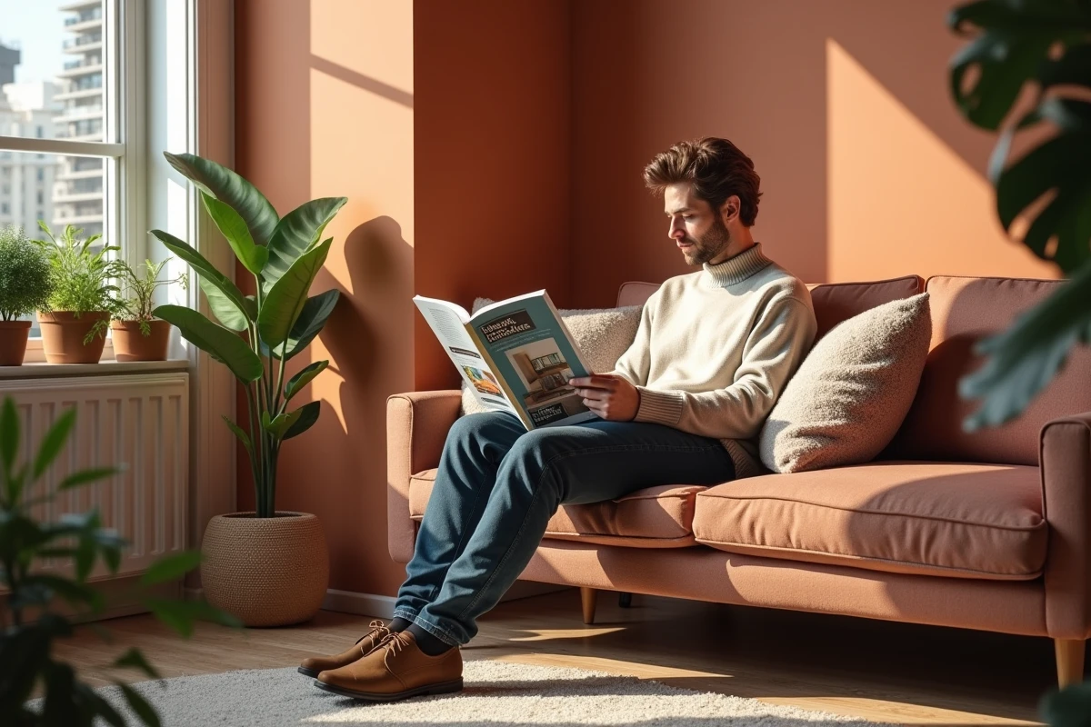 Jeune homme lisant magazine de décoration dans un salon cosy
