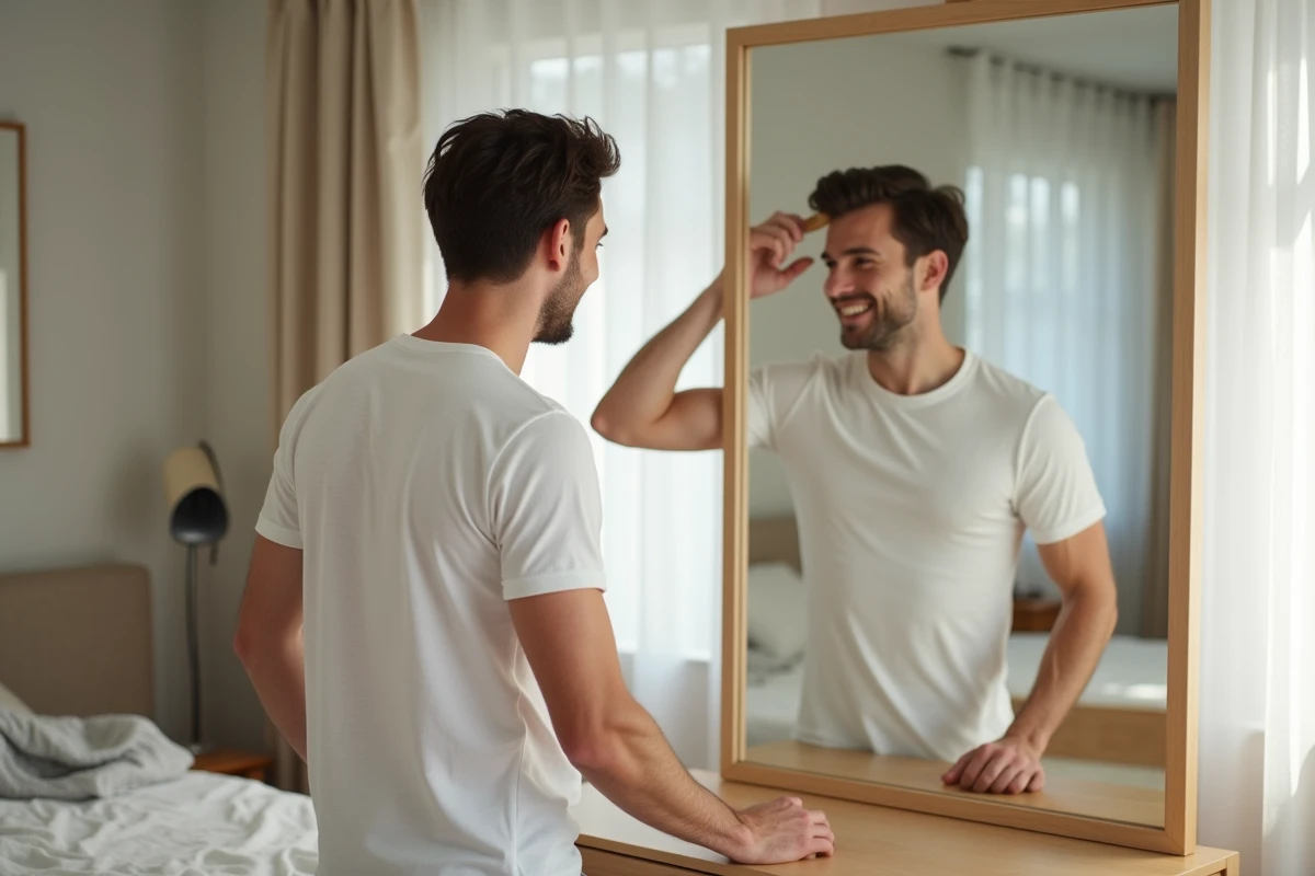 Jeune homme se coiffant dans une chambre lumineuse et moderne