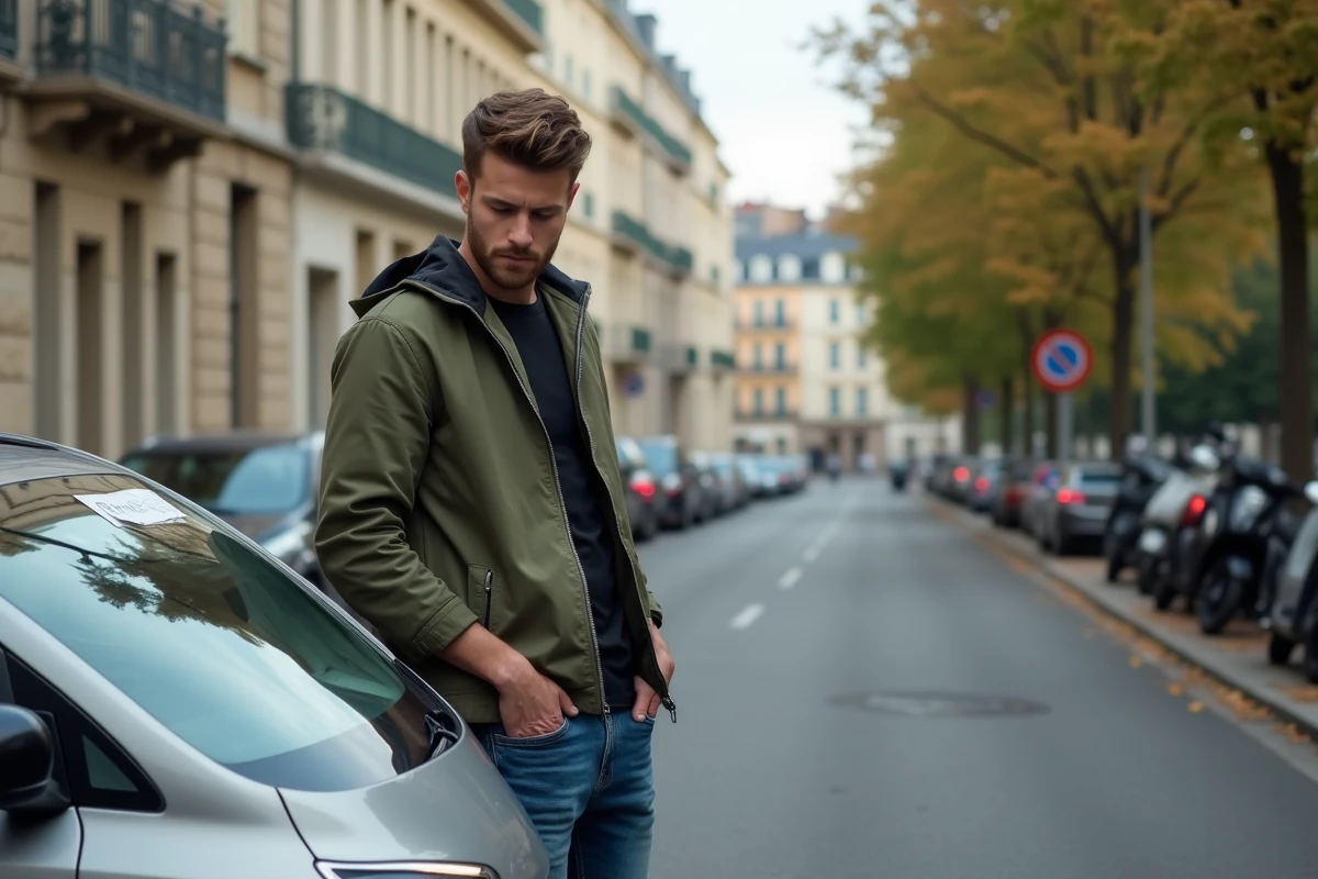 Jeune homme regardant un avis de stationnement sur sa voiture