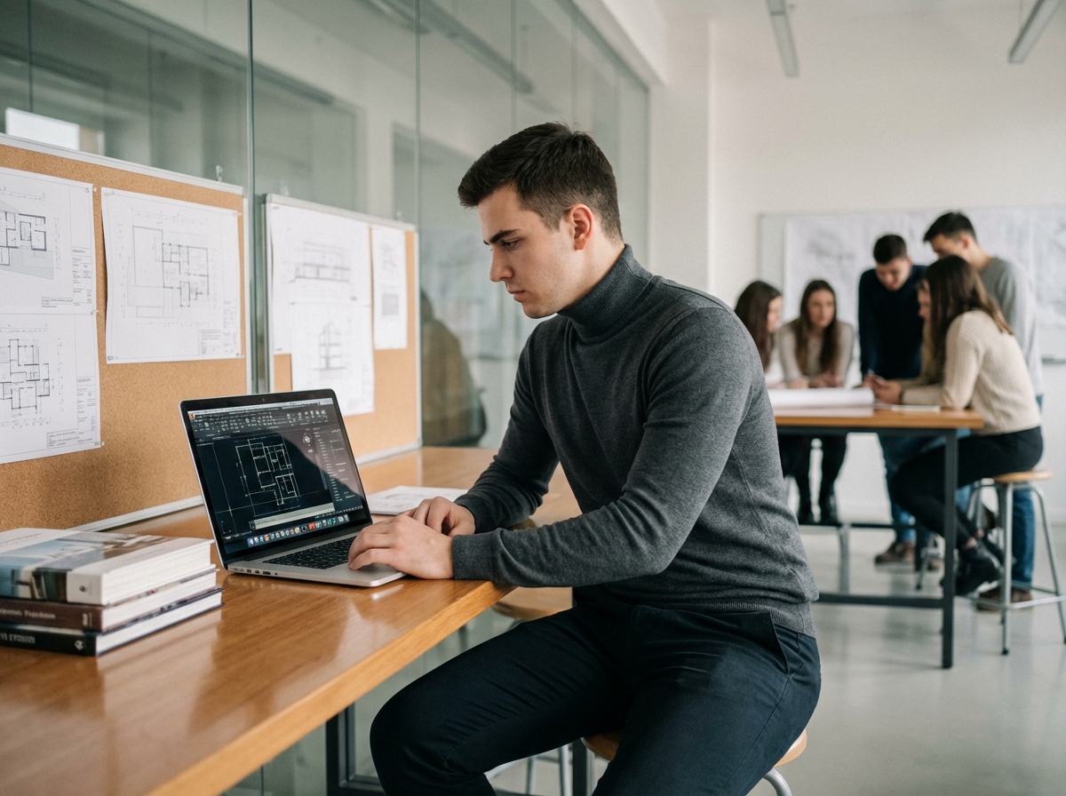 Jeune homme travaillant sur un ordinateur en classe moderne