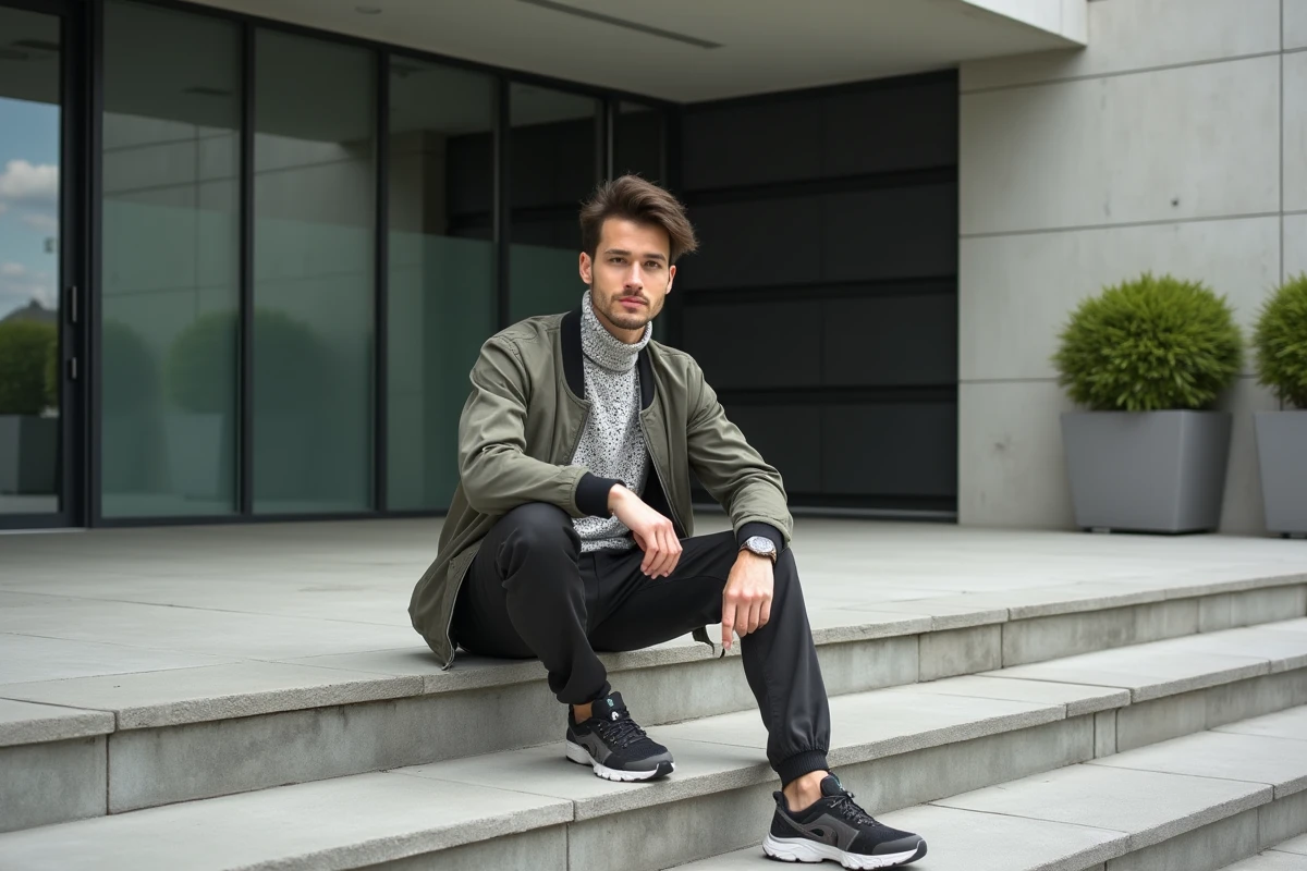 Jeune homme en bomber et turtleneck sur les marches