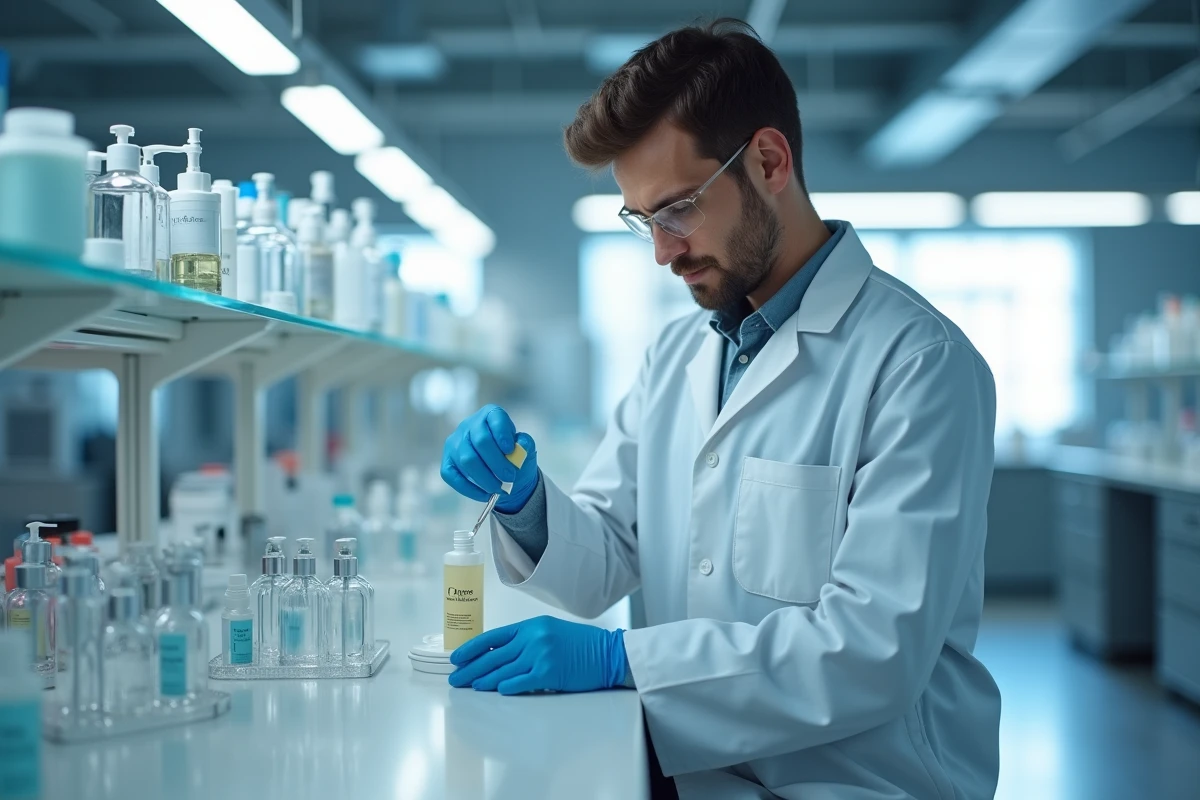 Jeune homme préparant un serum dans un laboratoire moderne