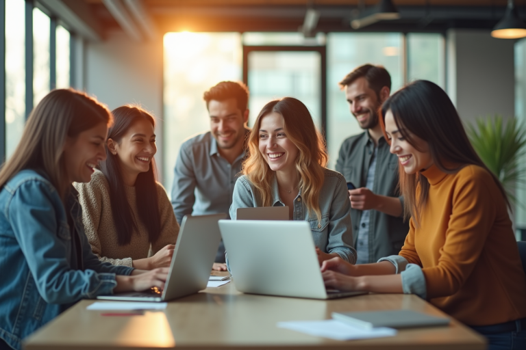 Groupe de jeunes entrepreneurs tech collaborant dans un bureau lumineux