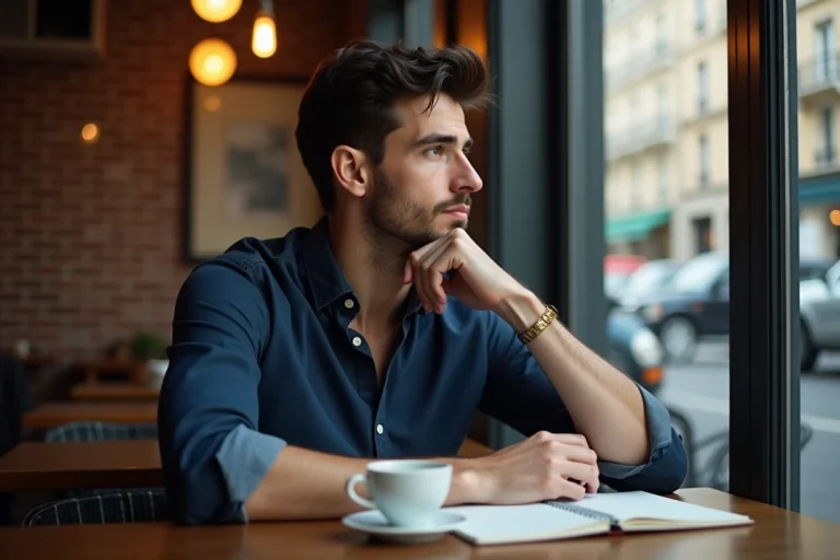 Journaliste discret assis dans un café parisien, carnet ouvert et expression pensive, illustrant une vie privée réfléchie