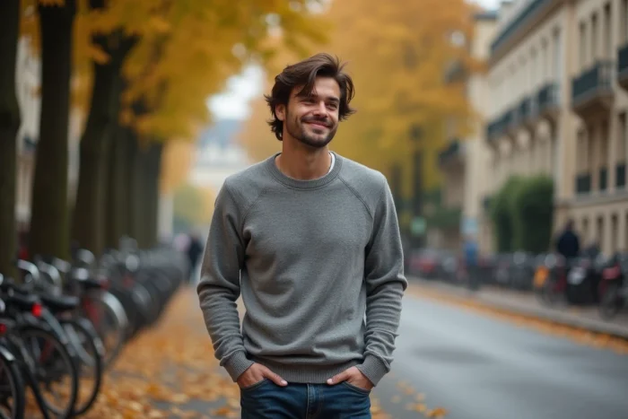 Homme marchant seul dans une rue parisienne en automne, ambiance intimiste évoquant la vie amoureuse discrète d'un journaliste