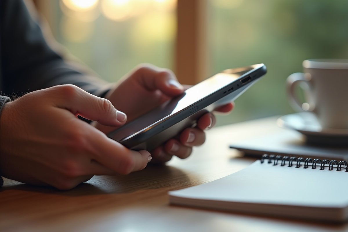 Mains déballant un nouveau gadget technologique sur un bureau en bois