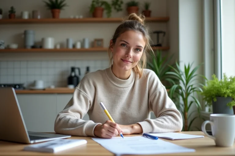 Jeune mère française remplissant un formulaire CAF à la maison