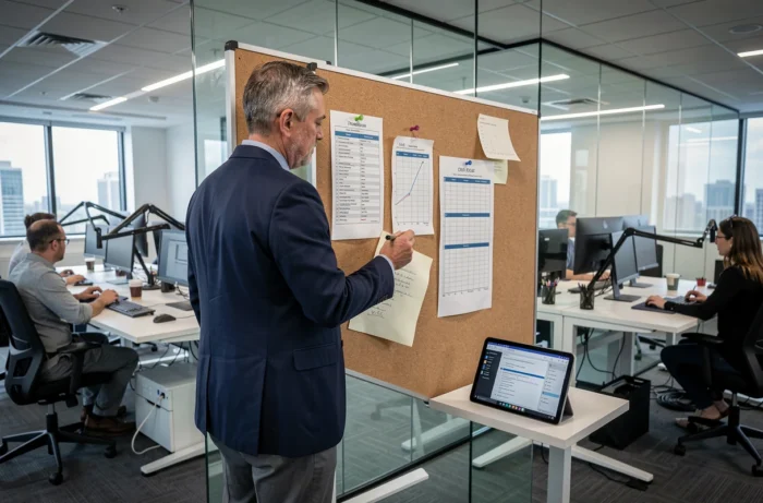 Manager analysant un tableau de planification de projet dans un bureau en open space avec outils organisationnels