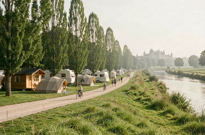 Vue panoramique d'un camping en Indre-et-Loire avec tentes, chalets et un paysage de Loire verdoyant