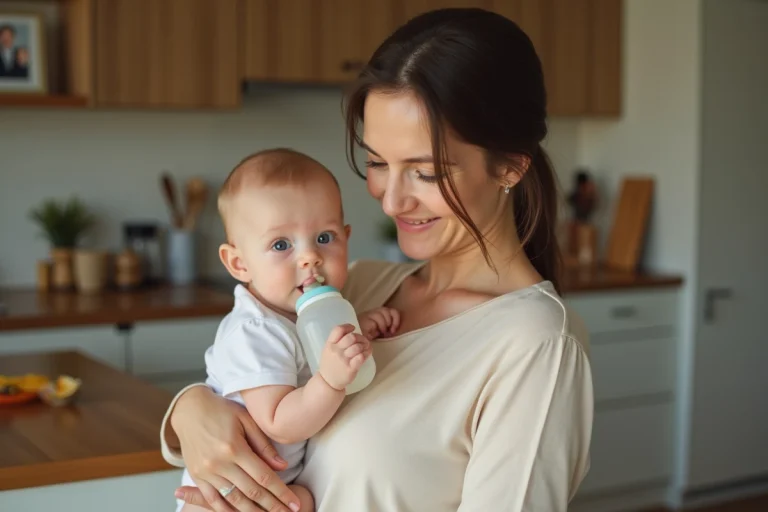 Mère allaitant son bébé glouton au biberon dans une cuisine chaleureuse, geste tendre et naturel