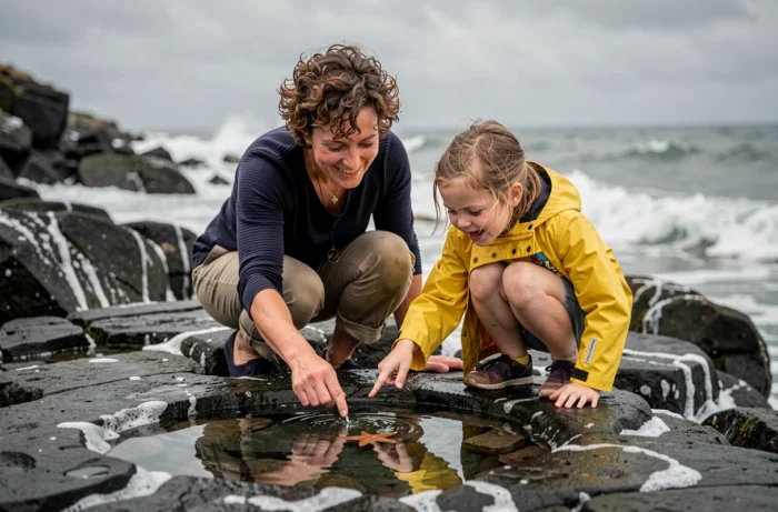 Mère et fille explorant une mare de marée sur une côte rocheuse lors d'une excursion en famille au bord de la mer
