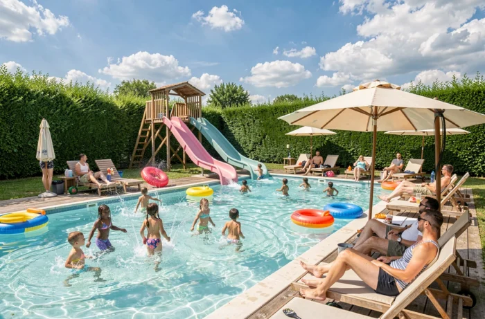 Parc aquatique animé du camping Parc de Fierbois avec des familles profitant des toboggans et piscines